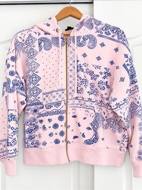 J.Crew Oversized Bandana Print Zip Hoodie Women’s M Blush Pink Boho